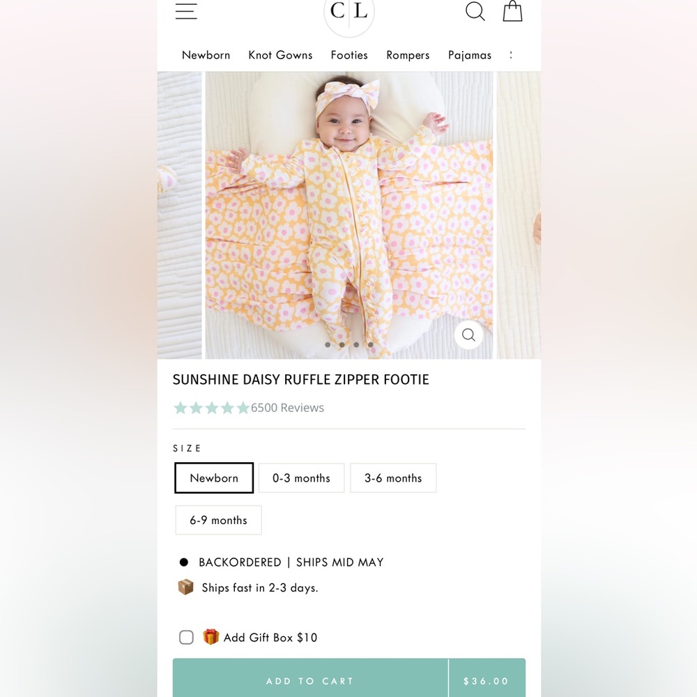 Caden Lane bamboo sunshine daisy ruffle footie 0-3